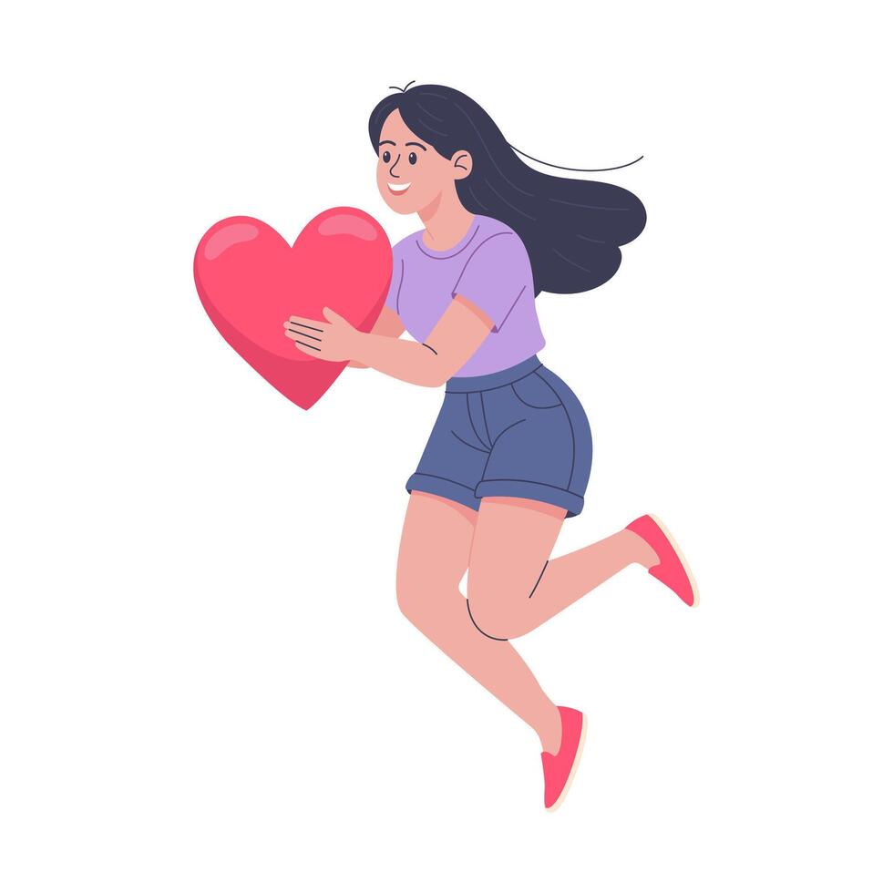 Flat illustration of a young woman joyfully holding a heart while jumping, love concept, isolated on white background vector