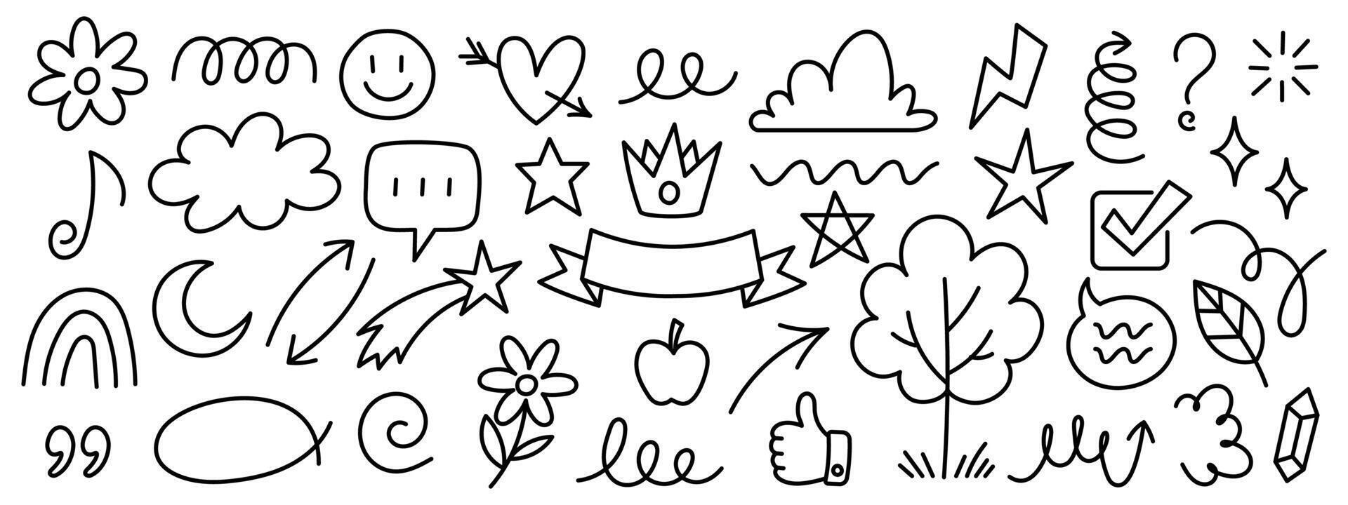 Hand drawn doodle elements set. Fun black outline symbols including arrows, stars, clouds, speech bubbles, flowers, check marks, and abstract icons. sketch style for decoration, social media vector