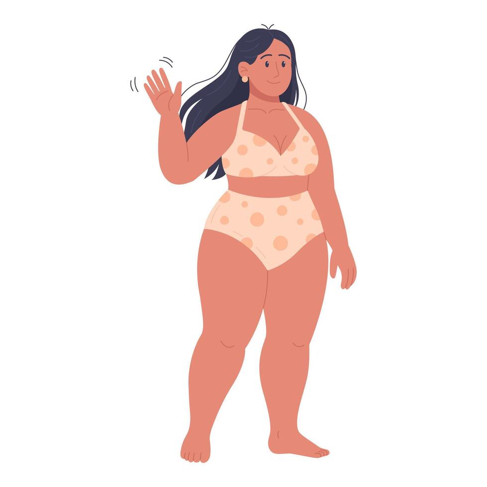 Flat illustration of woman waving hand in polka dot swimsuit isolated on white background. Concept of girl on beach, plump girl vector