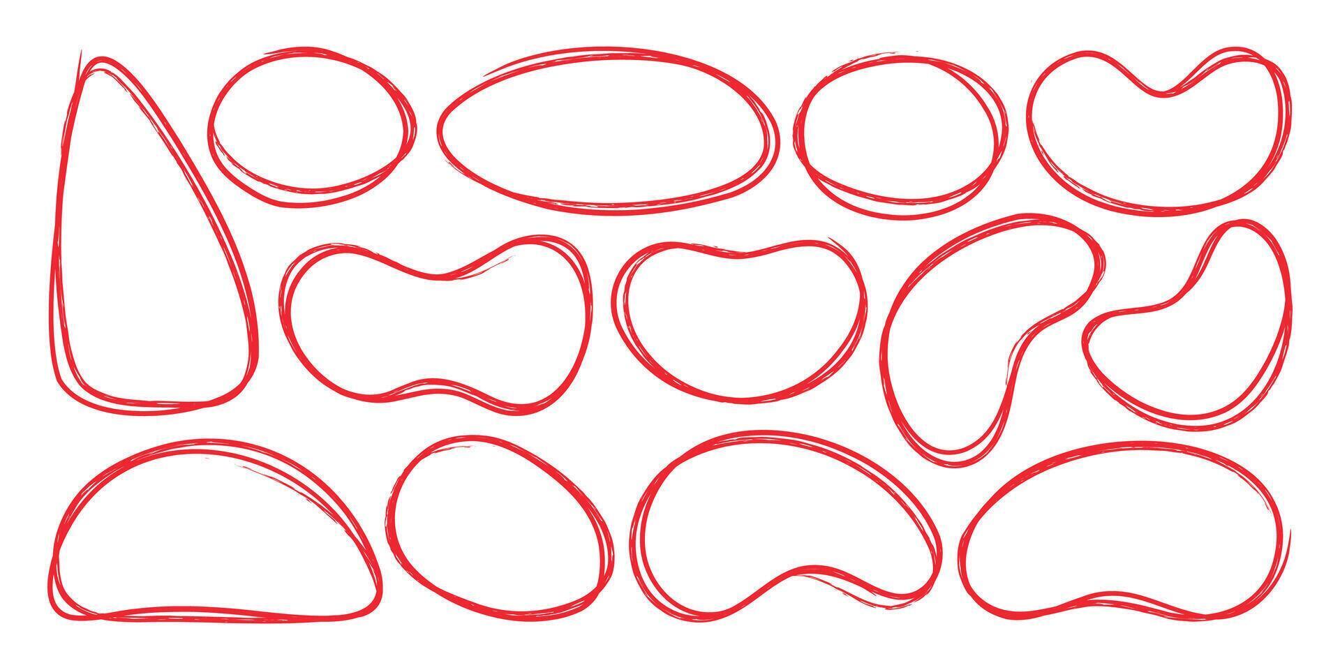 Hand drawn red marker frames. Set of grunge sketch lines with pencil stroke effect. Scribble outline brushes for highlighting, accenting and decorating. illustration vector