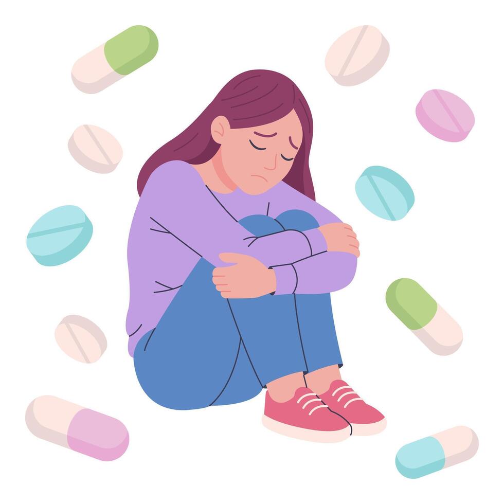 Sad girl sitting surrounded by pills. Flat illustration of depression, mental health crisis, or antidepressant medication concept. Isolated design on white background vector