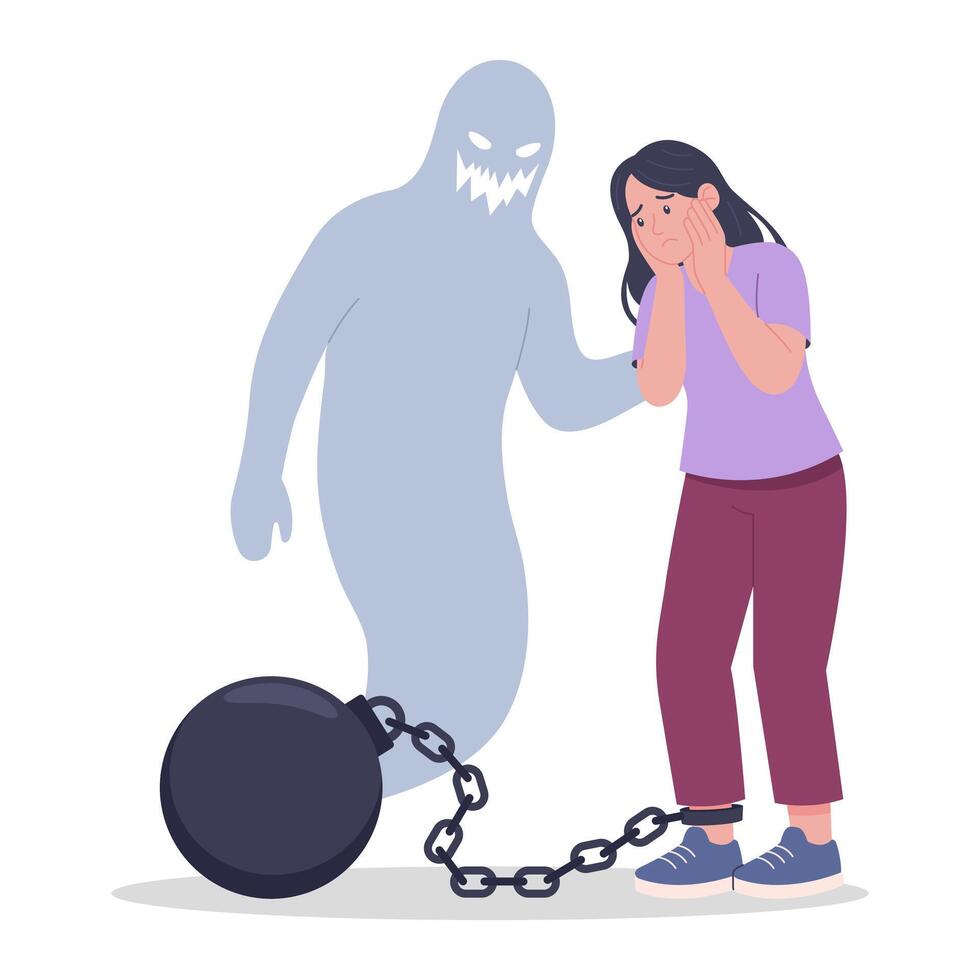 Hand drawn flat depressed woman chained to anxiety monster Isolated on white background Mental health concept vector
