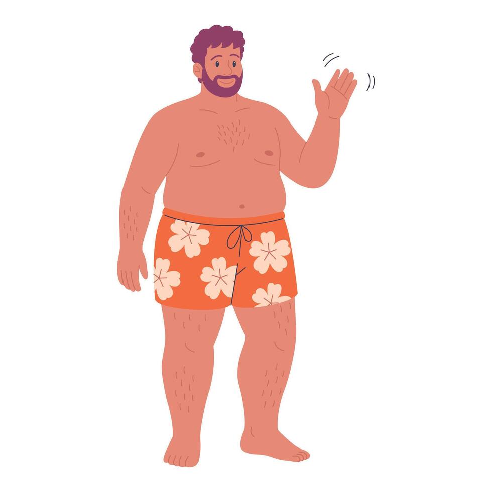 Hand drawn flat happy man in swim trunks waving Isolated on white background Summer beach character vector