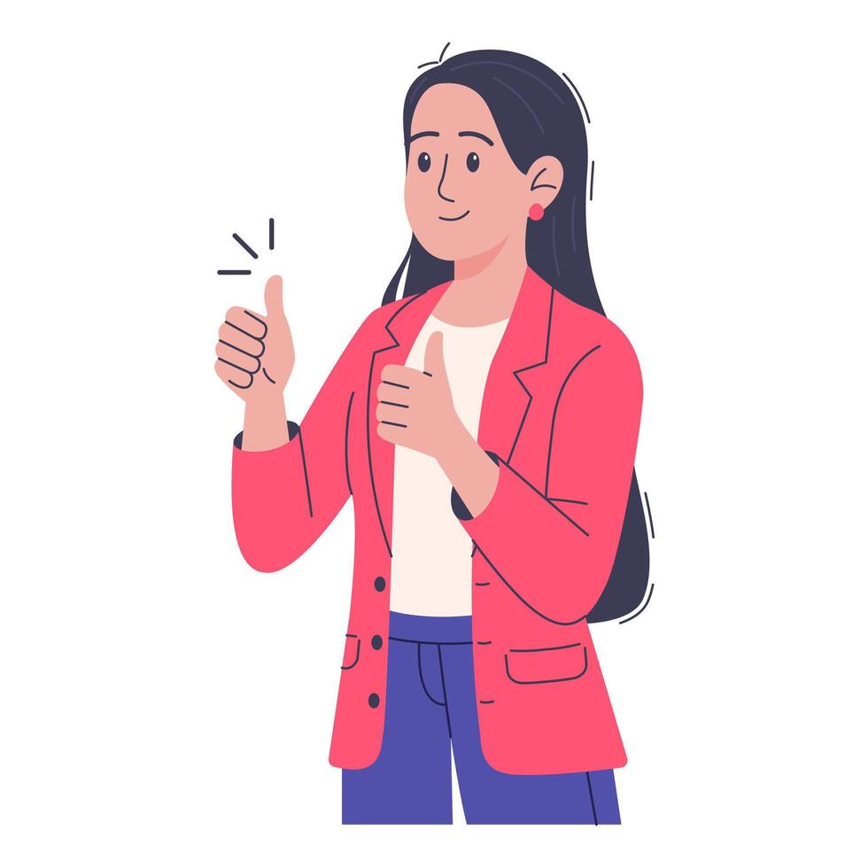 Successful businesswoman showing thumb up. Flat cartoon illustration of smiling woman in bright jacket giving double thumbs up gesture. Isolated on white background vector