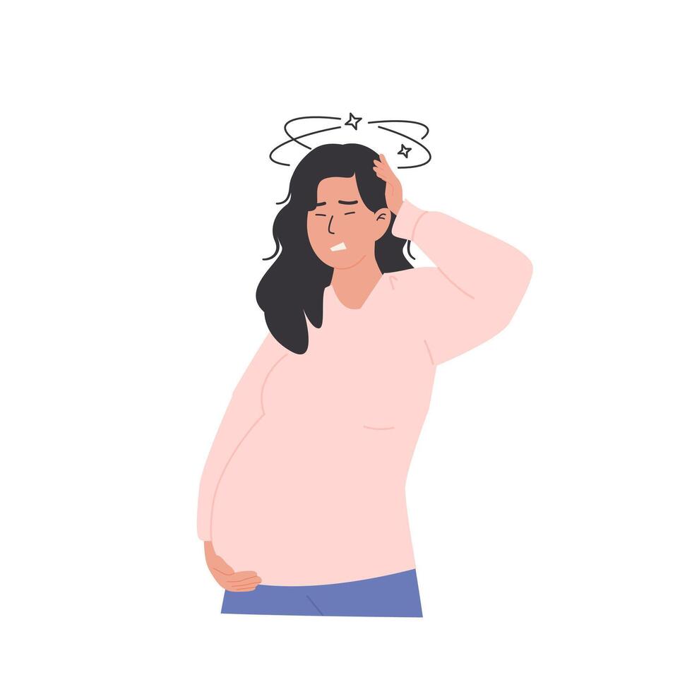 Pregnant woman feeling dizzy and unwell, touching head with nausea and vertigo symptoms. Pregnancy discomfort, fatigue and hormone shifts. Flat Style Illustration isolated on white background. vector