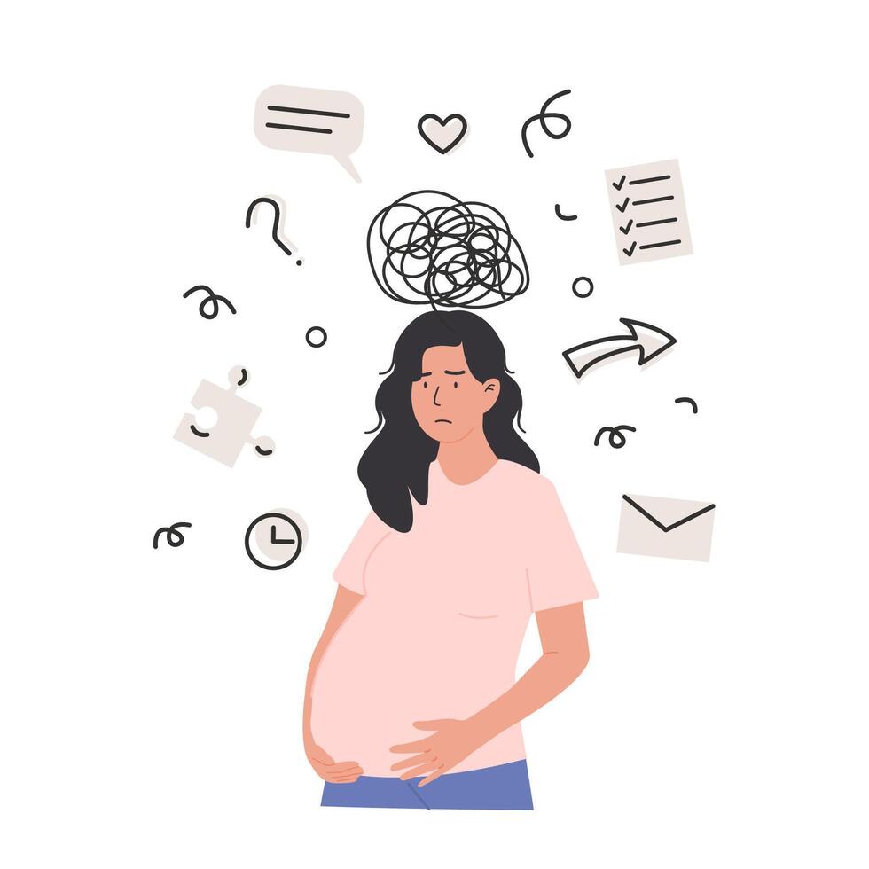 Pregnant woman managing prenatal planning. Stressed, tired, overwhelmed mom having anxiety. Nesting, baby preparation and mental load. Flat style illustration isolated on white background. vector