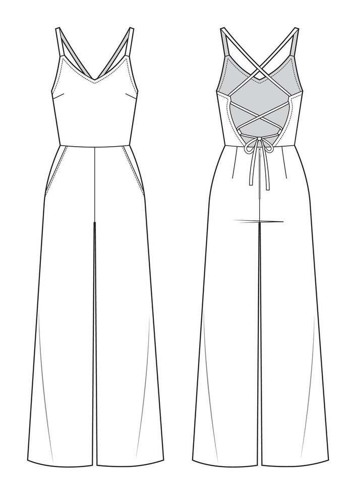 Womans maxi jumpsuit with open back with straps vector