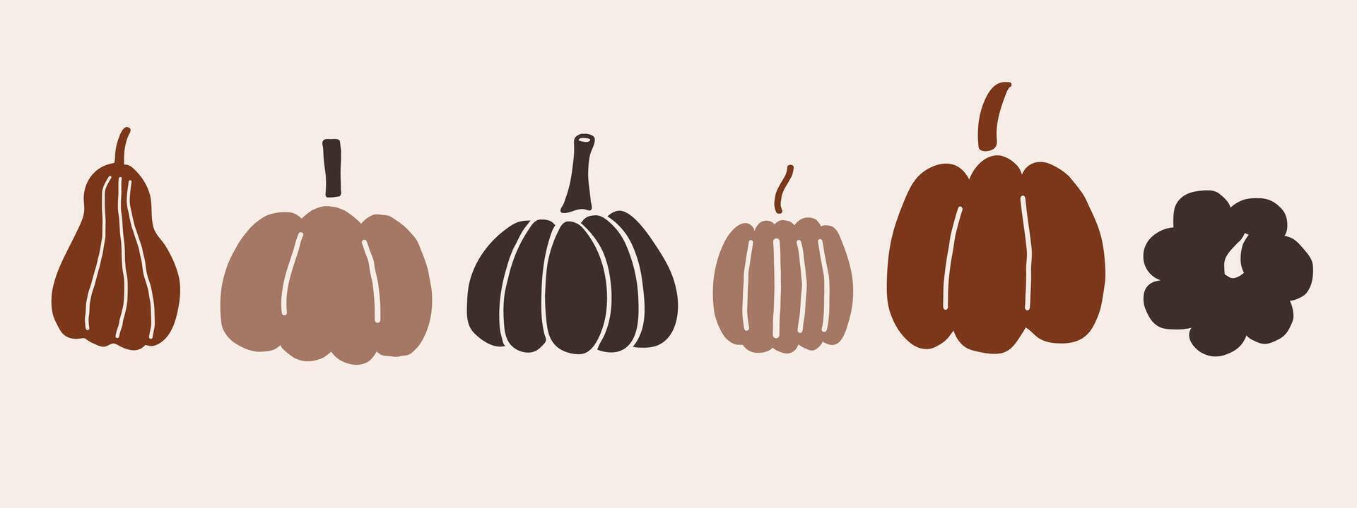 Pumpkins illustrations of autumn vegetable harvest. Silhouette of pumpkin plants, fall flowers in cartoon style. Design for Thanksgiving Day, autumnal season, event, flyer. Food ingredient, menu vector
