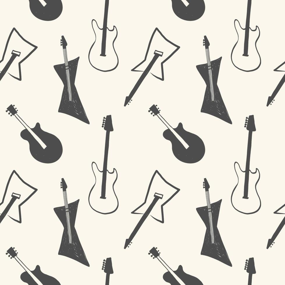 Rock Guitars seamless pattern. Background with hand drawn Musical instrument, rock and roll, concert, punk music. Decorative textured ornament for packaging design, label, print, packing, flyer vector