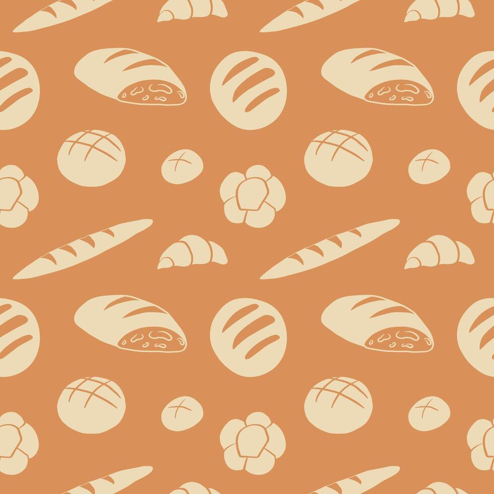 Bakery products pastry seamless pattern. Repeating background with hand drawn bread, loaf, bagel, croissant, muffin, bun, cheesecake, eat wheat. Food, bakeshop, menu. Design textured rapport vector