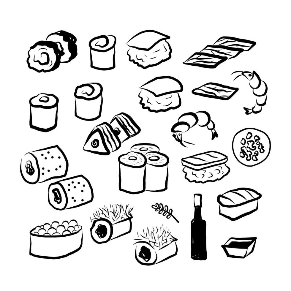 Sketch with Sushi and rolls Japanese food on isolated background. Ink doodle with Onigiri, nori, rice, wasabi, fresh cucumber, toasted sesame, crab meat, soy sauce, sashimi, shrimp, pickled ginger vector