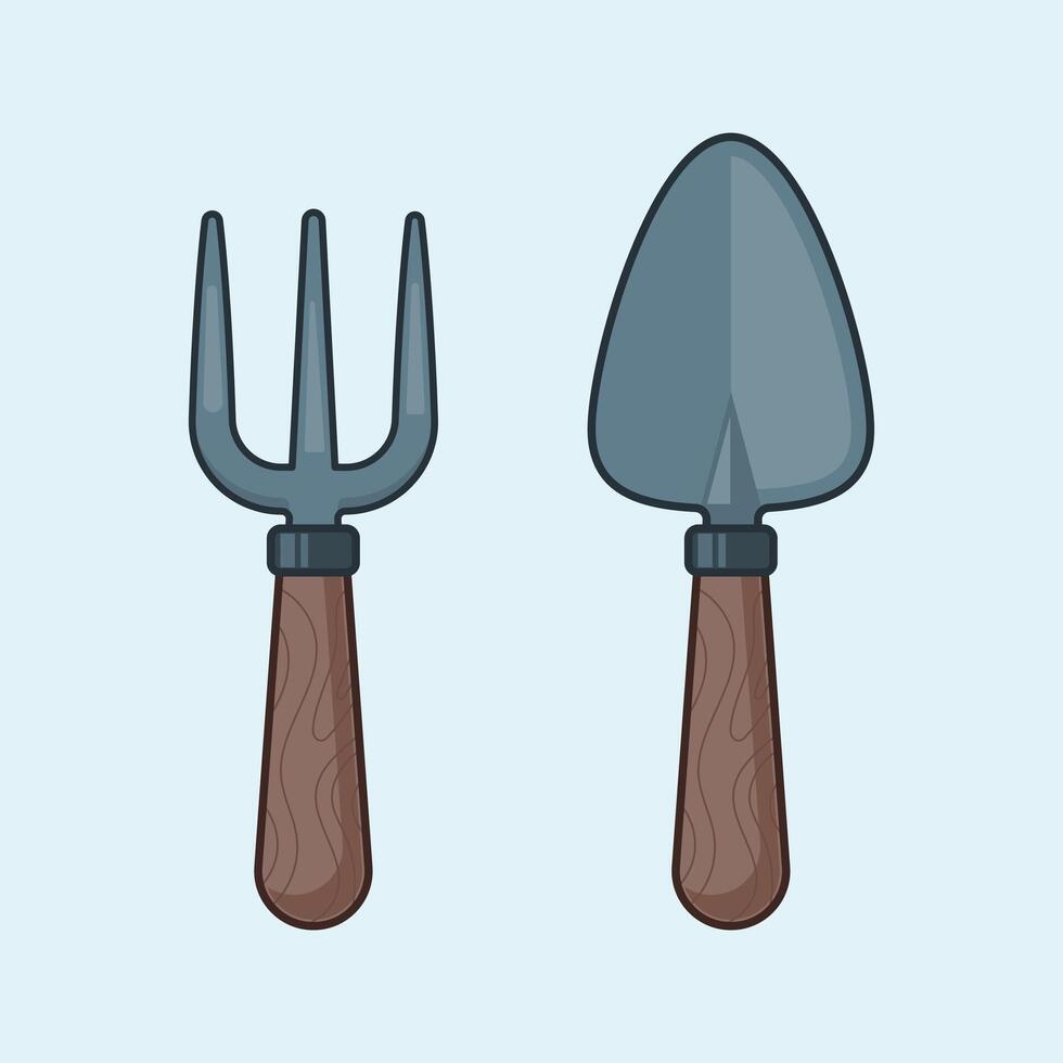 cartoon illustration of garden fork and trowel vector