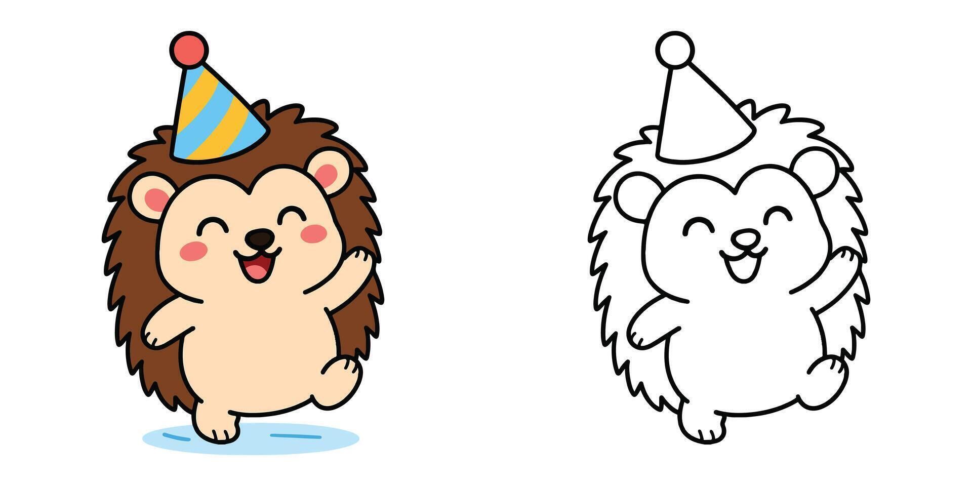 Coloring Book For Kids Cartoon Of A tiny hedgehog wearing a party hat Outline Illustration vector