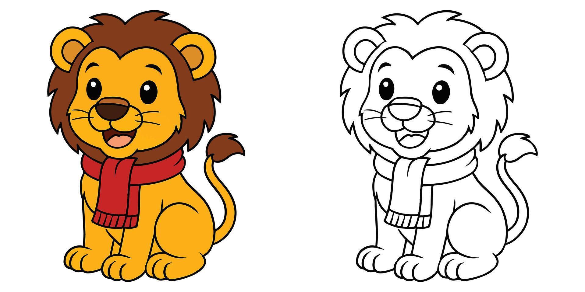 Coloring Book For Kids Cartoon Of A lion cub wearing a scarf Outline Illustration vector