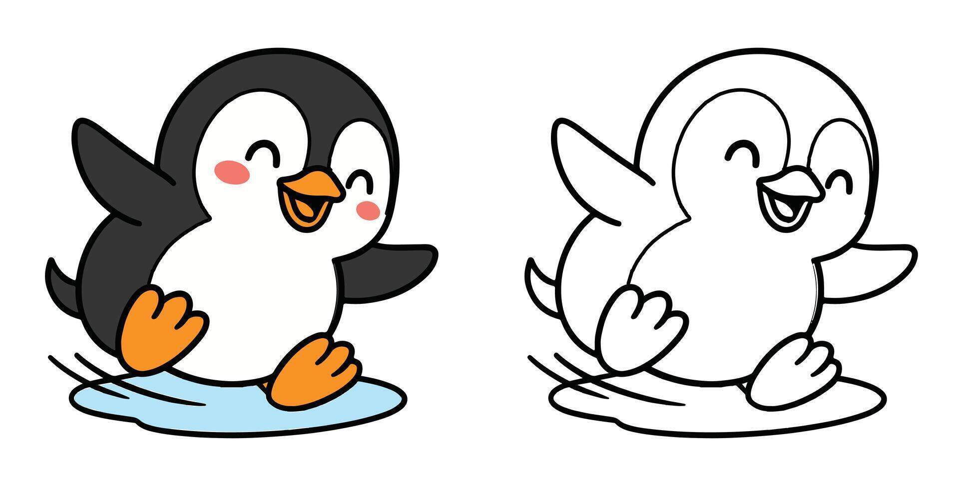 Coloring Book For Kids Cartoon Of A chubby penguin sliding on ice Outline Illustration Design vector