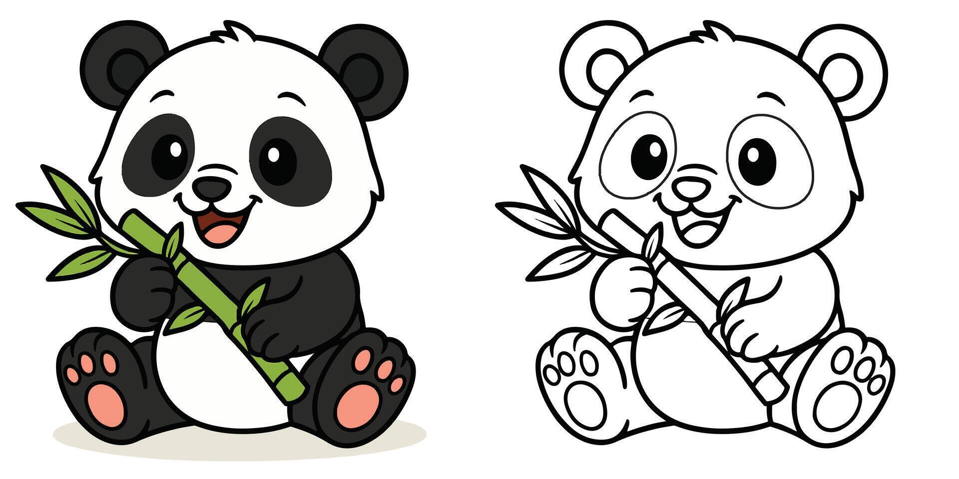 Coloring Page For Kids Cartoon Of A smiling baby panda eating bamboo Outline Illustration Design vector