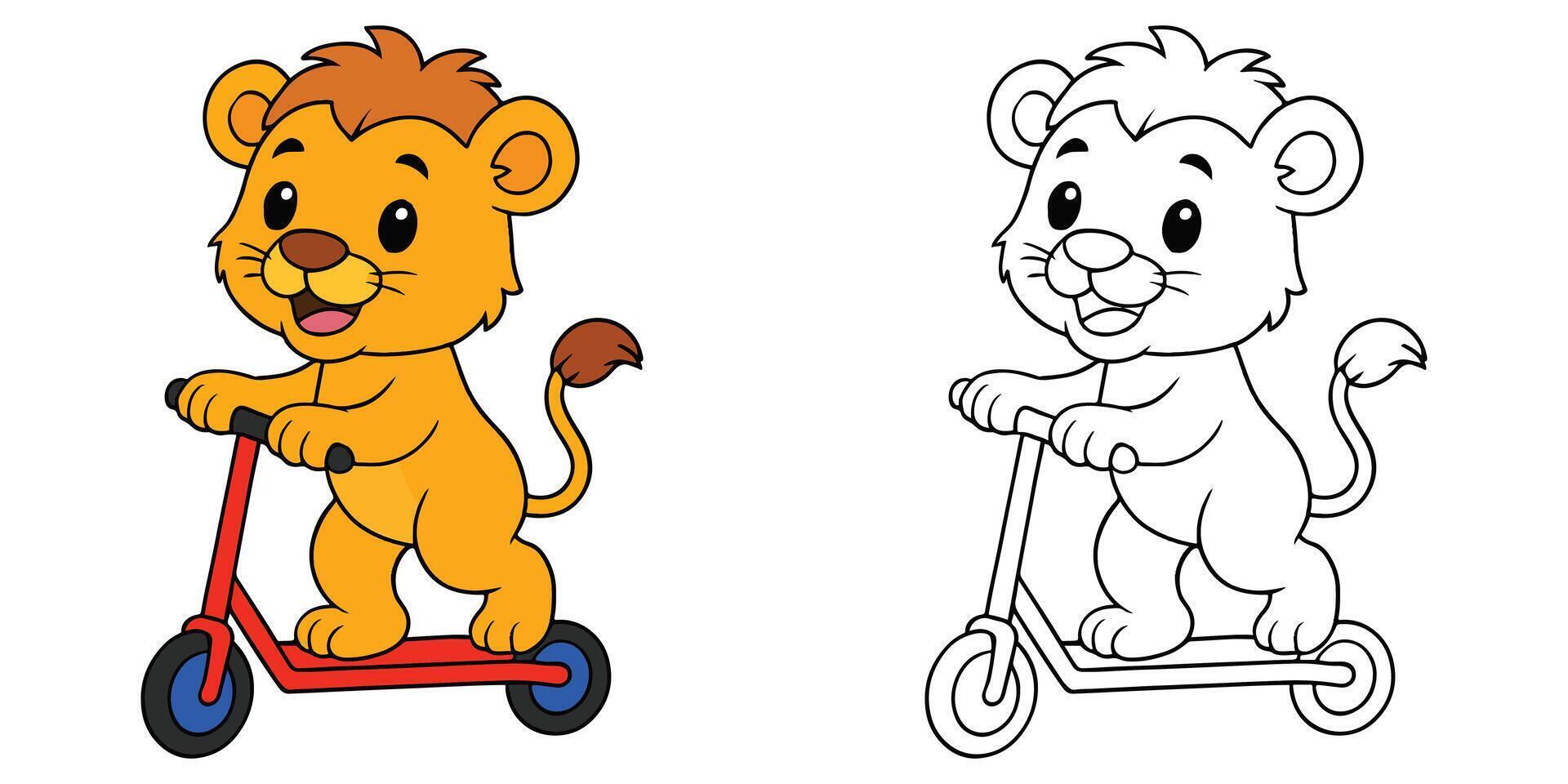 Coloring Page For Kids Cartoon A baby lion riding a scooter Outline Illustration vector