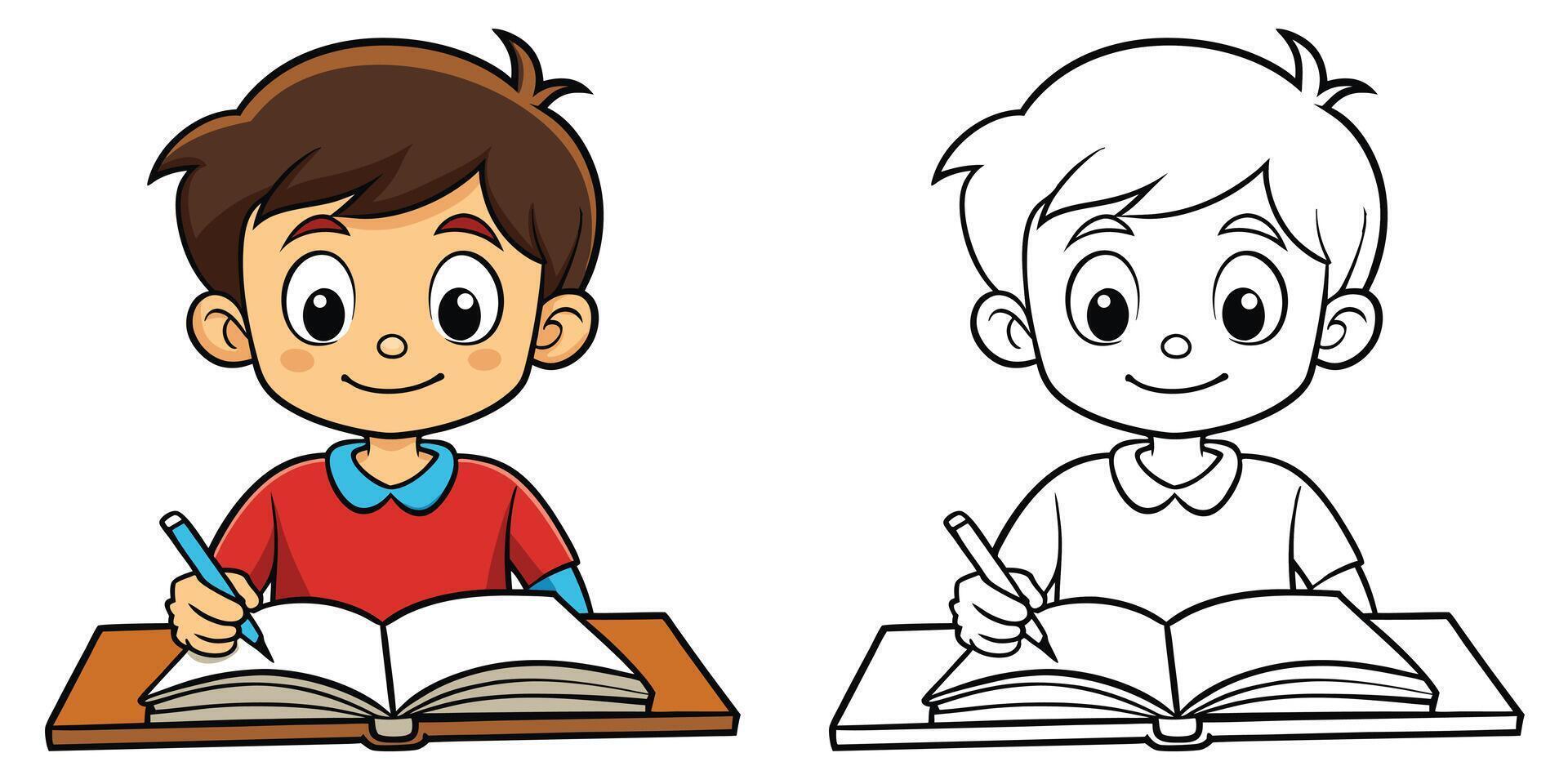 Cute Cartoon Boy Writing On A Book Coloring Page For Kids Printable Outline Illustration vector