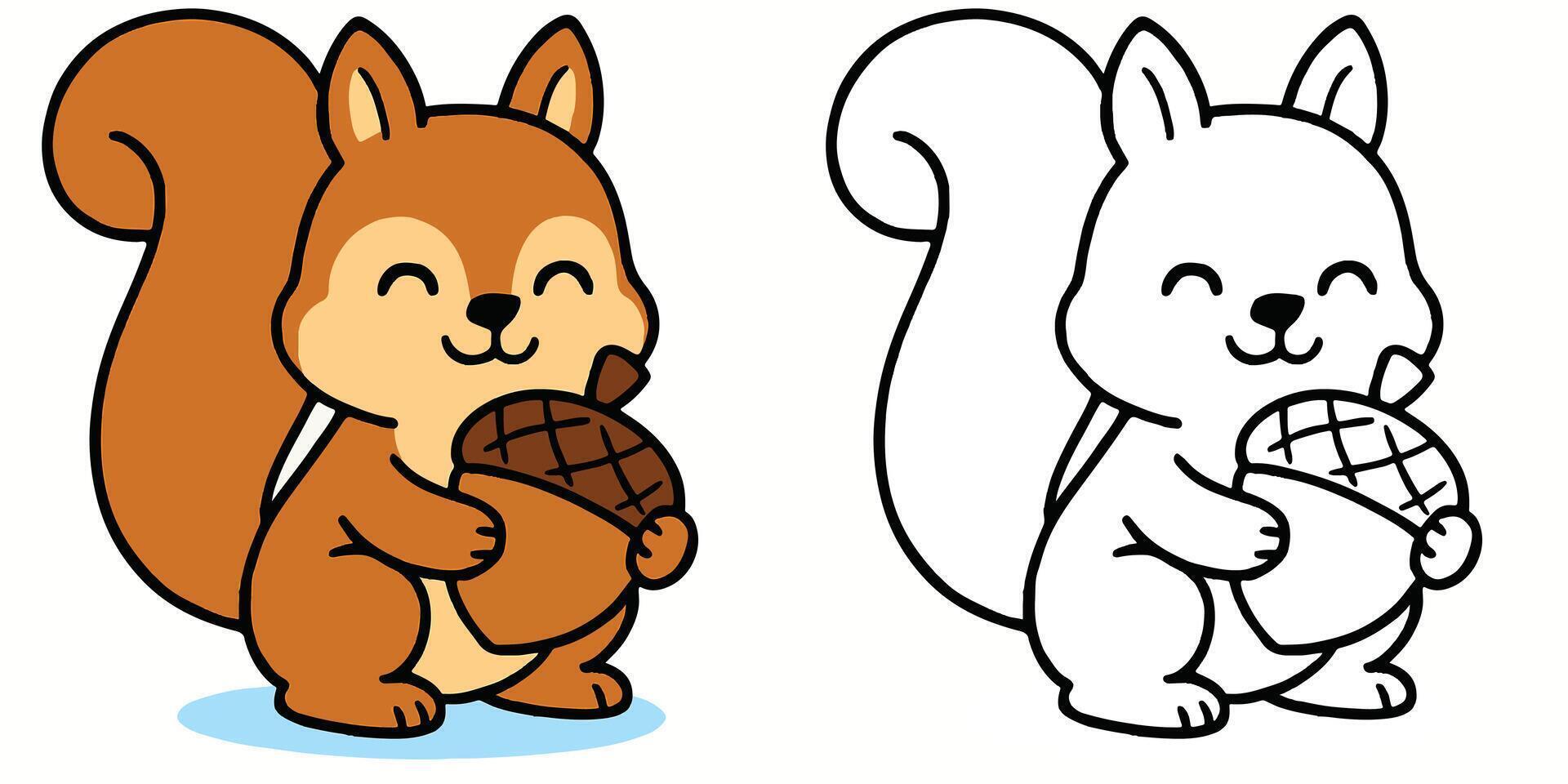 Coloring Book For Kids Cartoon Of A squirrel holding a big acorn Outline Illustration vector