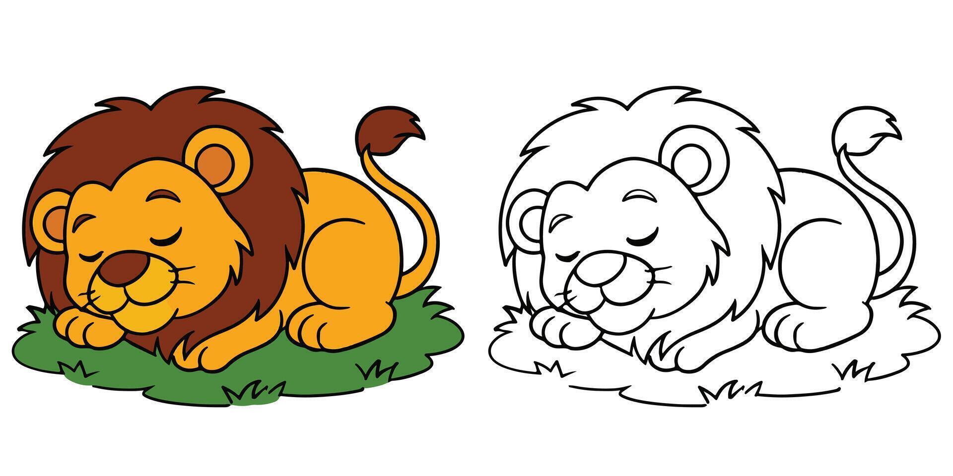Coloring Book For Kids Cartoon Of A lion sleeping on grass Outline Illustration vector