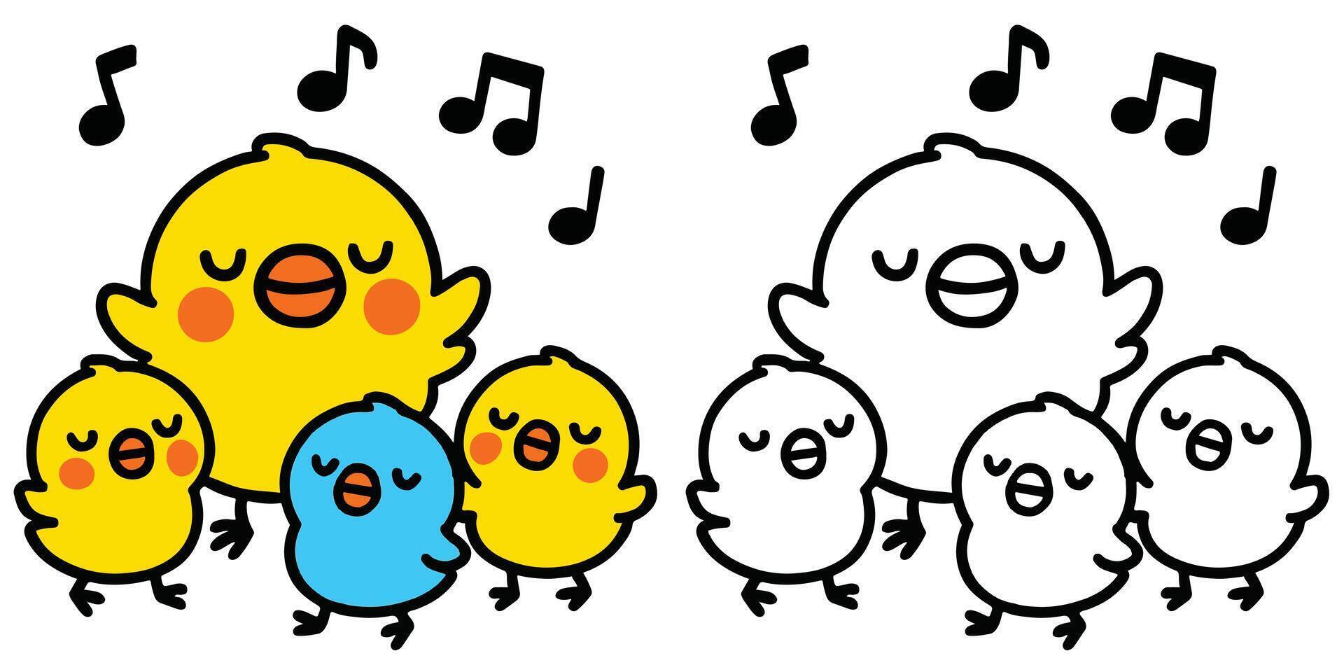 Coloring Page For Kids Cartoon A happy little chick singing with other baby birds Outline Illustration vector