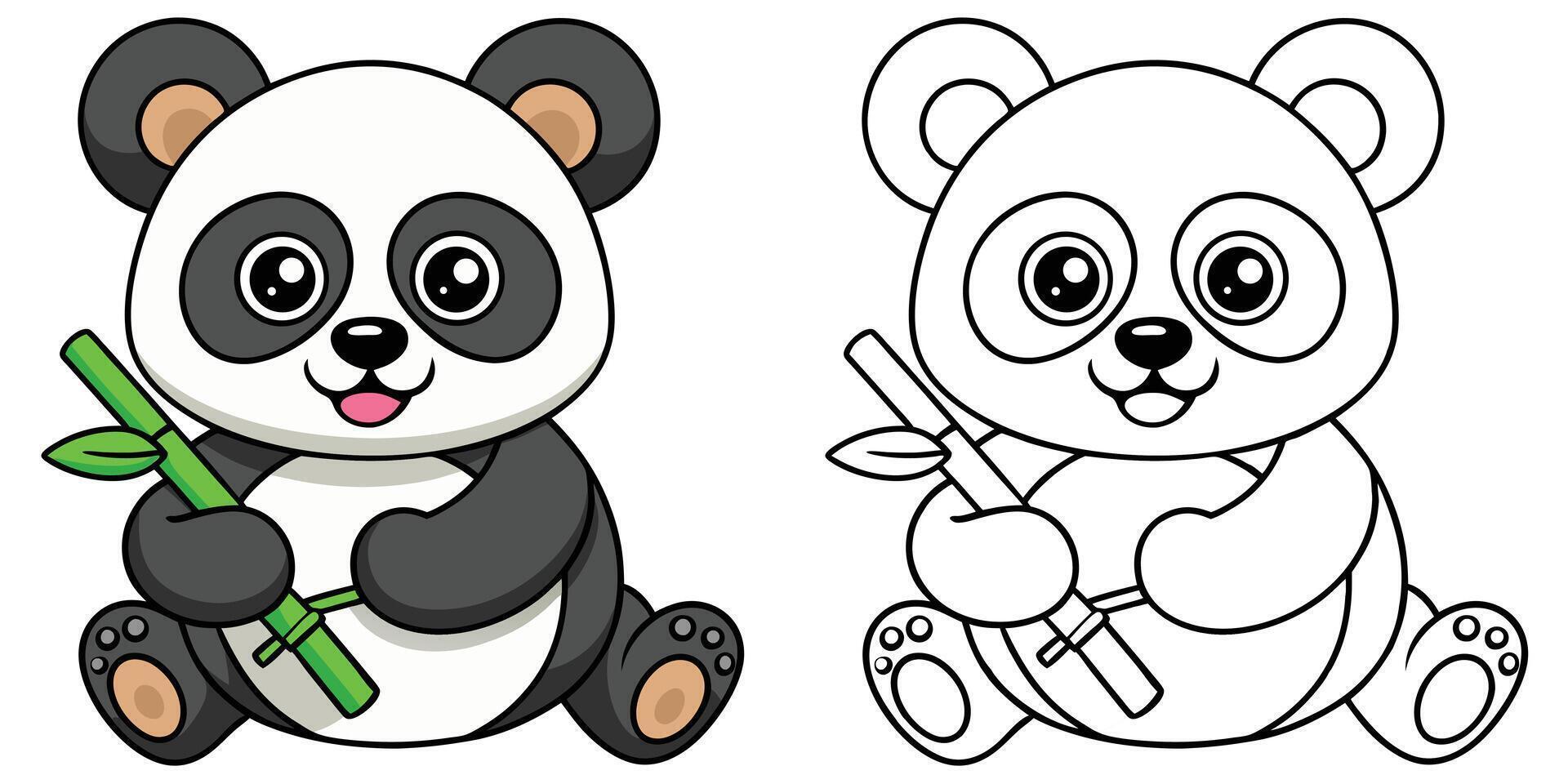 Coloring book cartoon panda sitting and holding a bamboo stick with outline illustratio vector