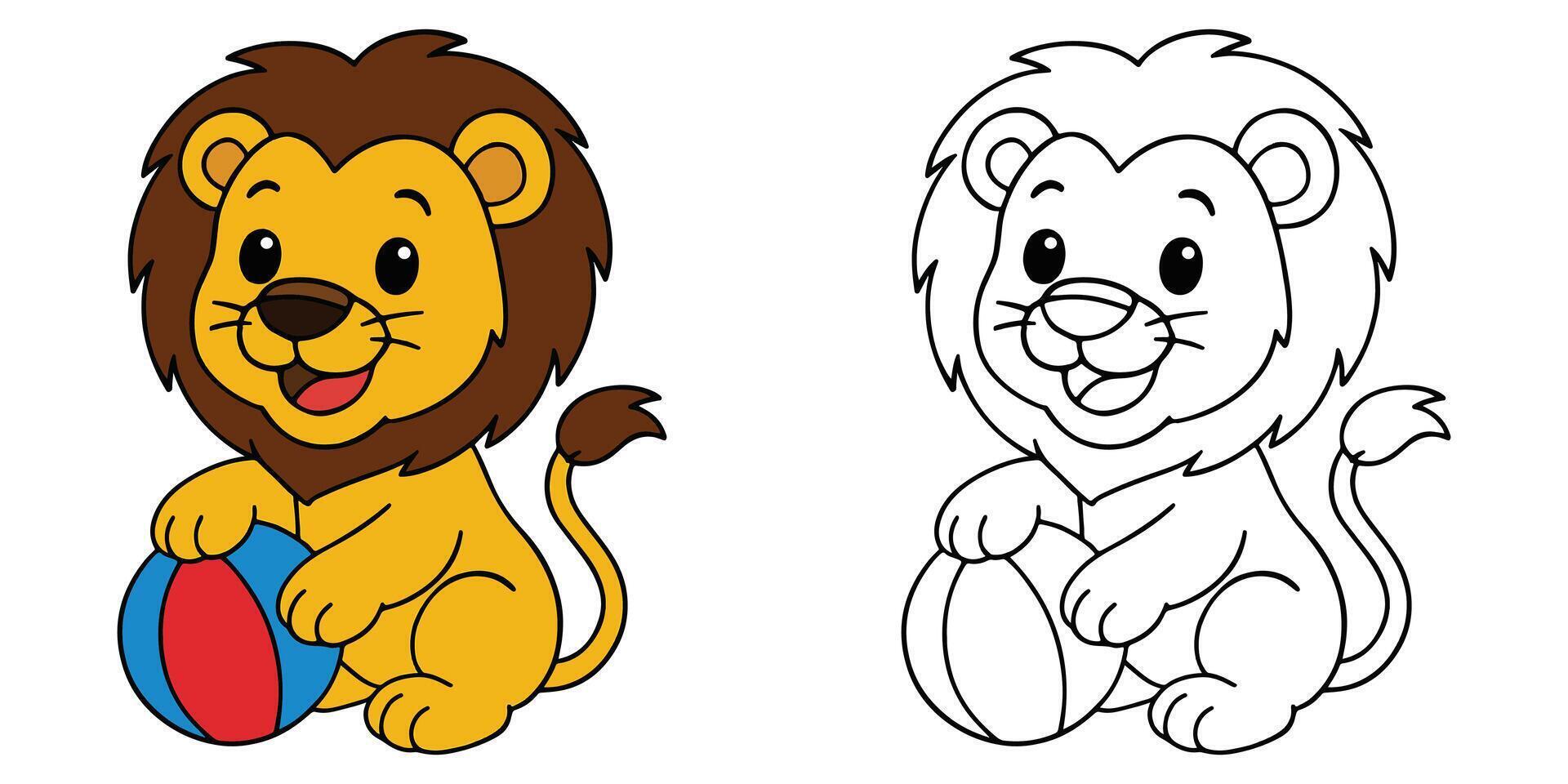 Coloring Book For Kids Cartoon Of A baby lion playing with a ball Outline Illustration vector