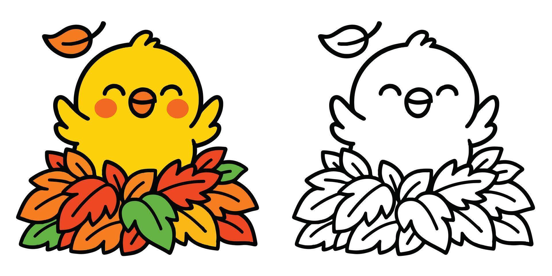 Coloring Book For Kids Cartoon A happy little chick hiding in a pile of leaves Outline Illustration vector