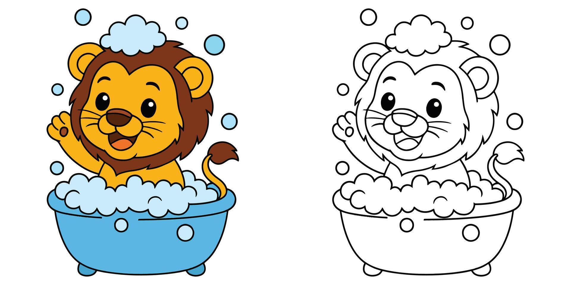 Coloring Book For Kids Cartoon Of A baby lion in a bubble bath Outline Illustration vector