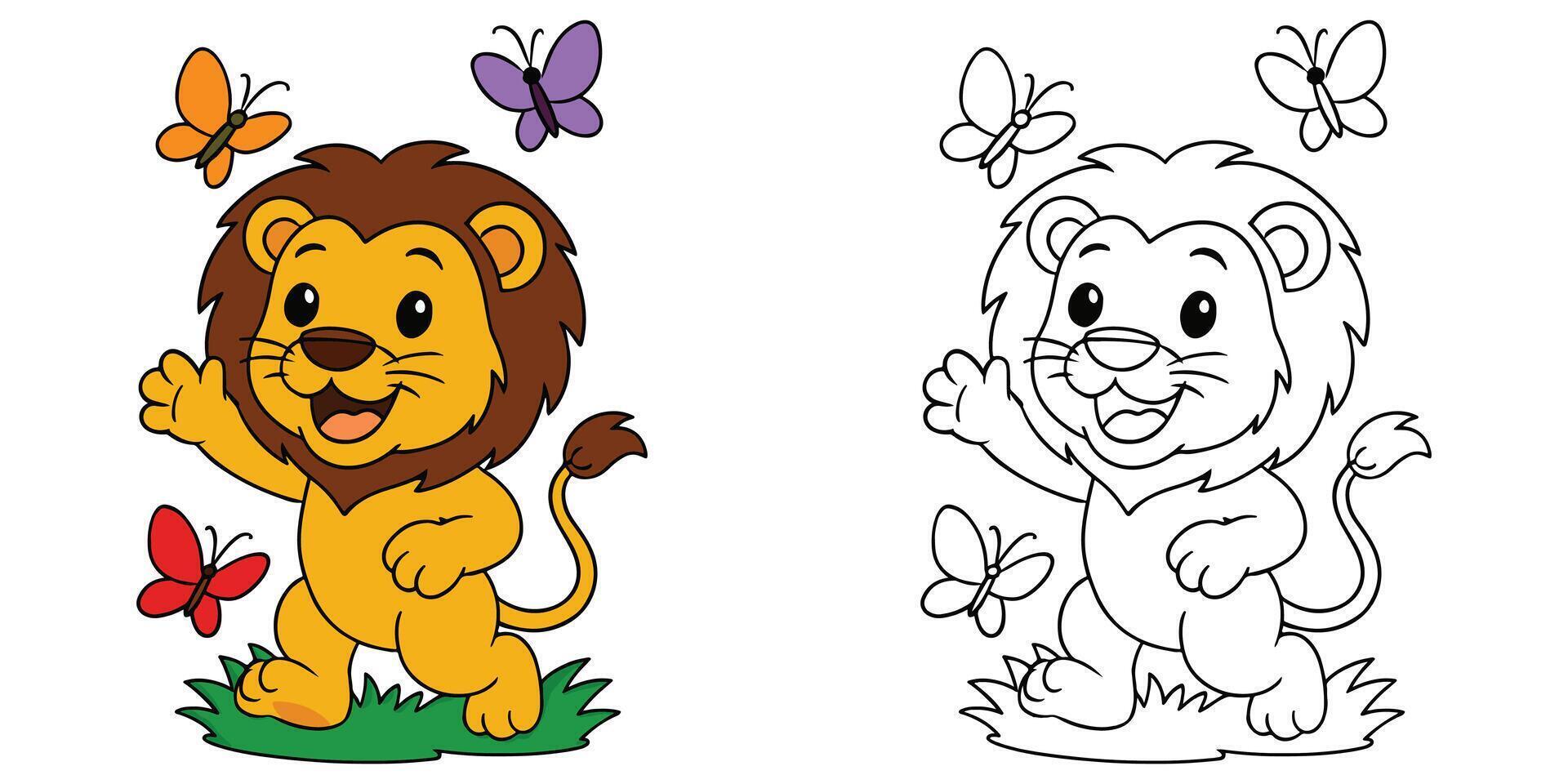 Coloring Book For Kids Cartoon Of A lion playing with butterflies Outline Illustration vector