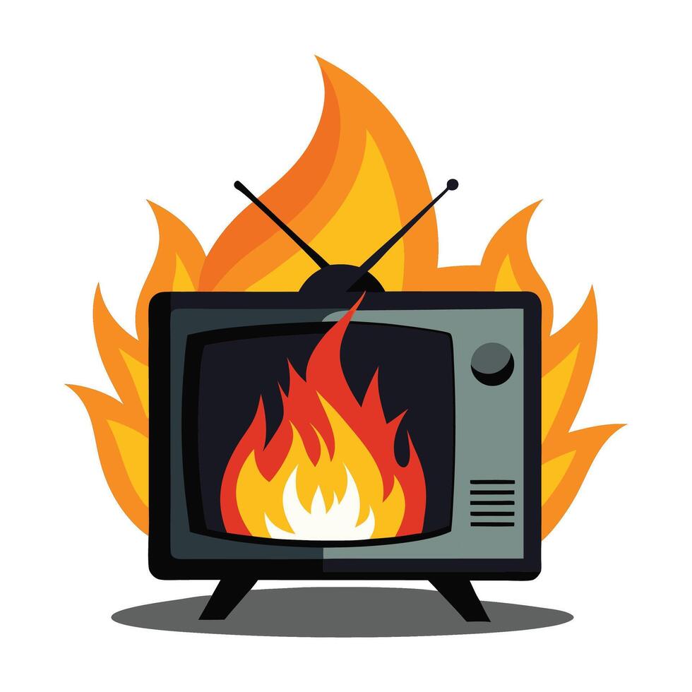 TV Burning With Fire Illustration On White Background vector