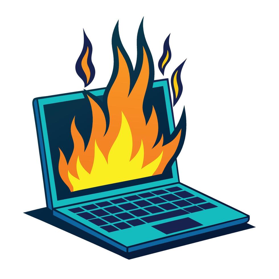 Laptop Burning With Fire Illustration On White Background vector