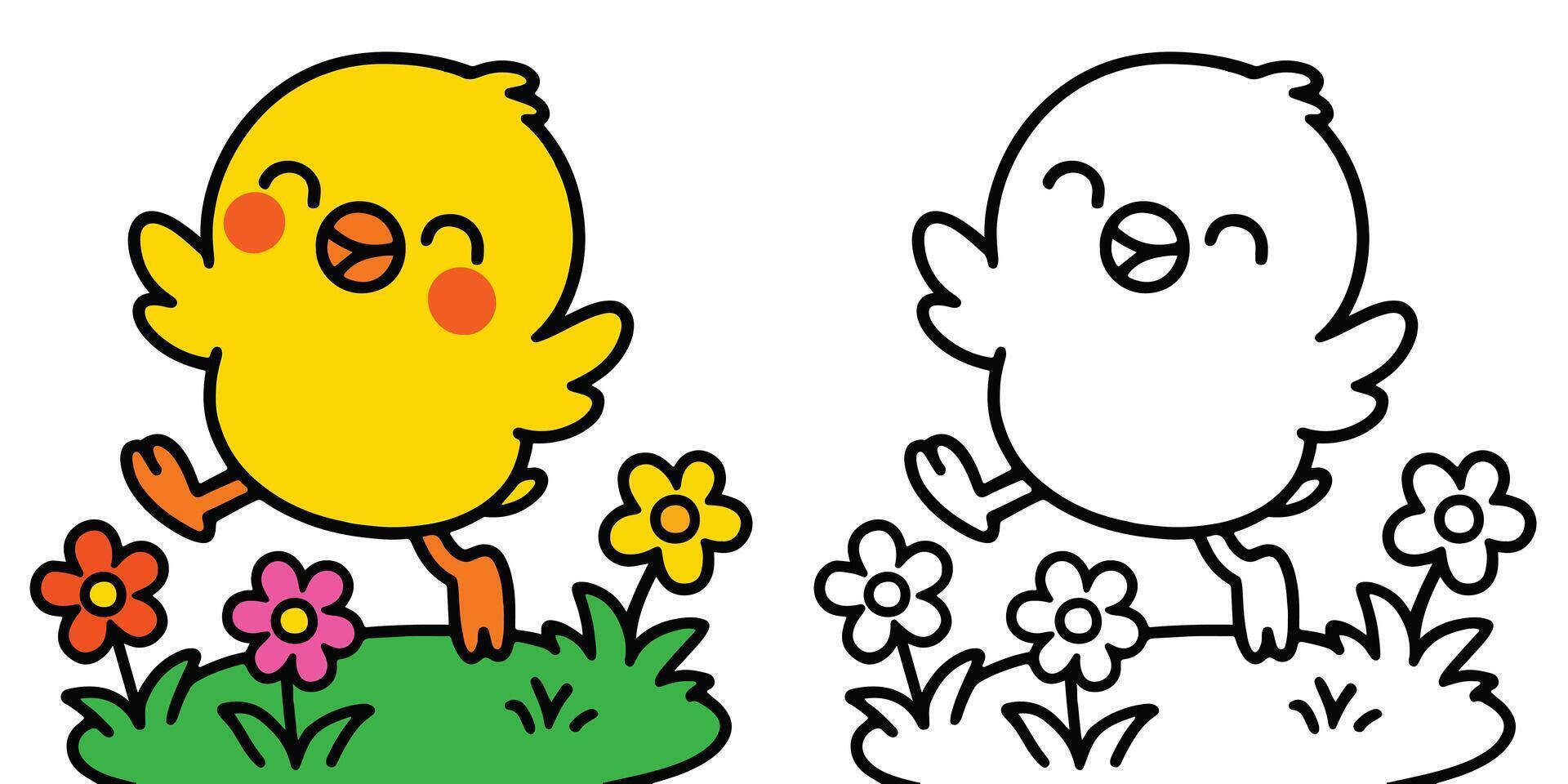 Coloring Page For Kids Cartoon A happy little chick running through a field of flowers Outline Illustration vector