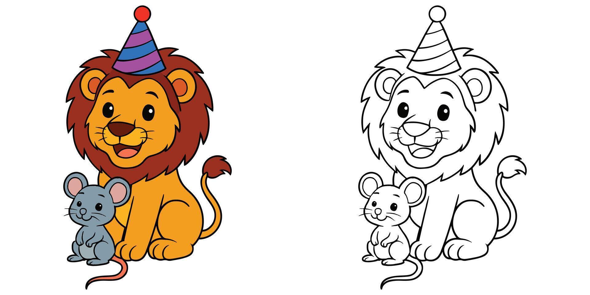Coloring Book For Kids Cartoon A lion and a mouse sitting together Outline Illustration vector