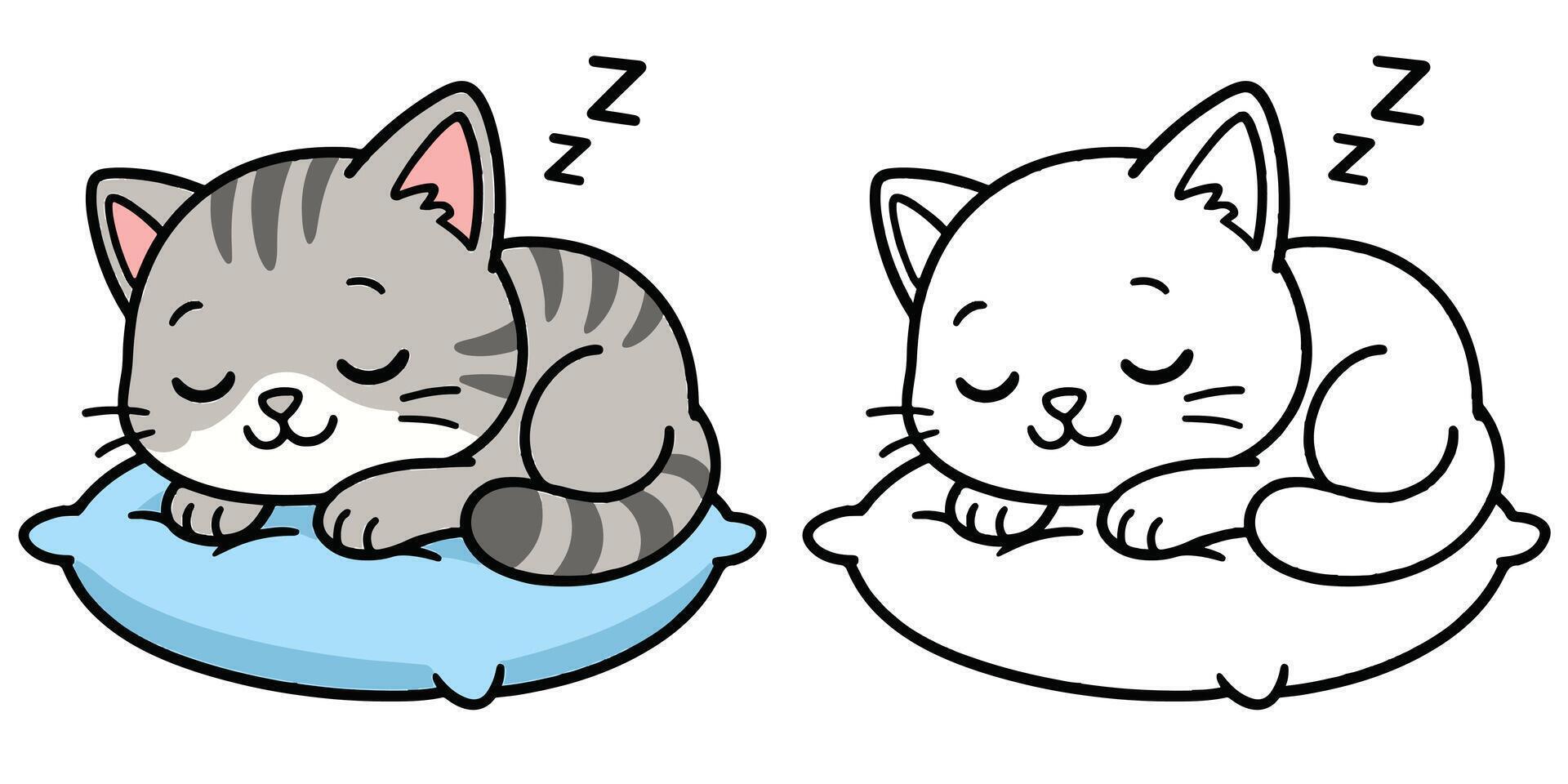 Coloring Book For Kids Cartoon Of A sleepy kitten curled up on a pillow Outline Illustration Design vector
