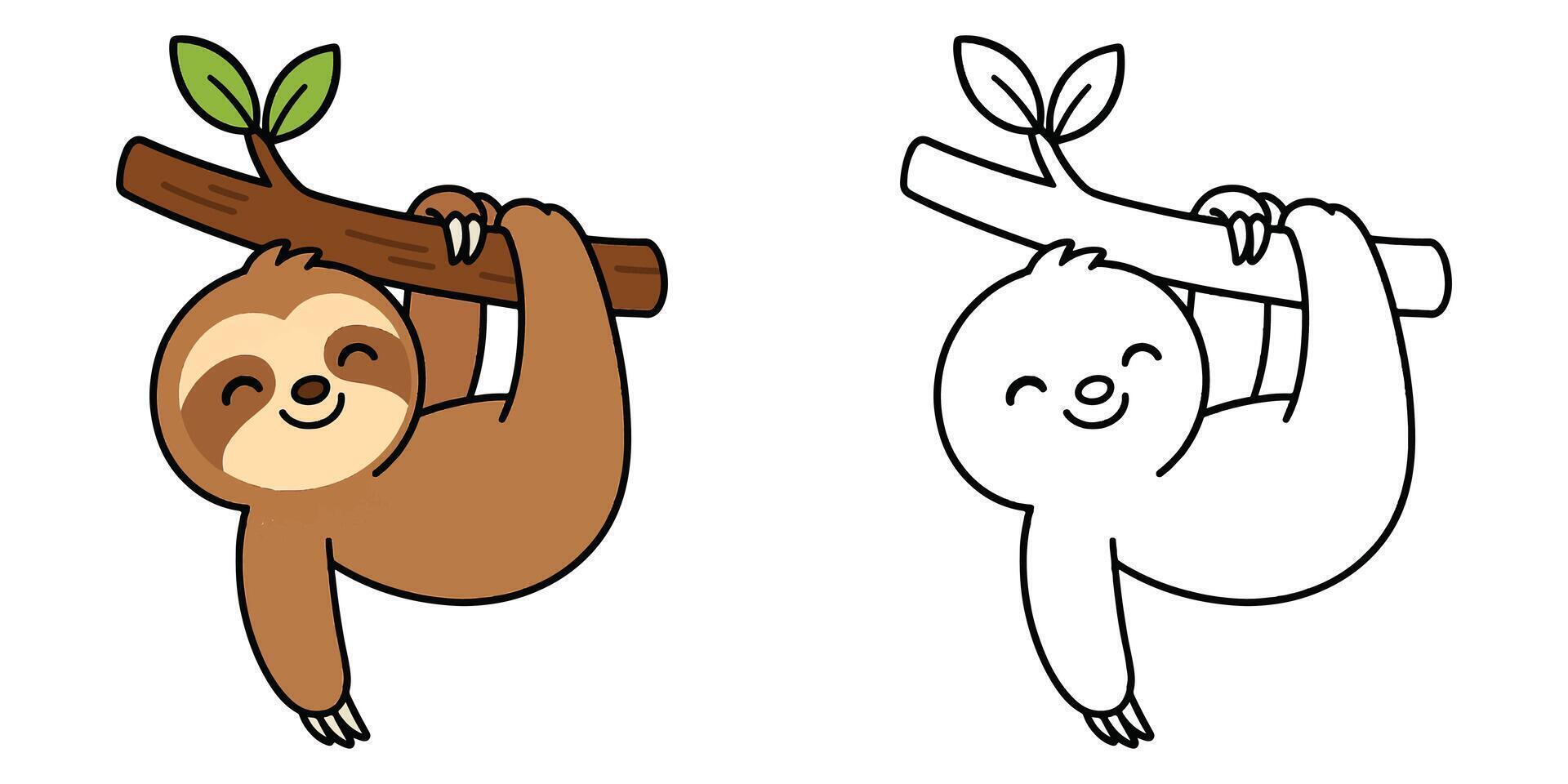 Coloring Book For Kids Cartoon Of A happy sloth hanging from a tree Outline Illustration vector