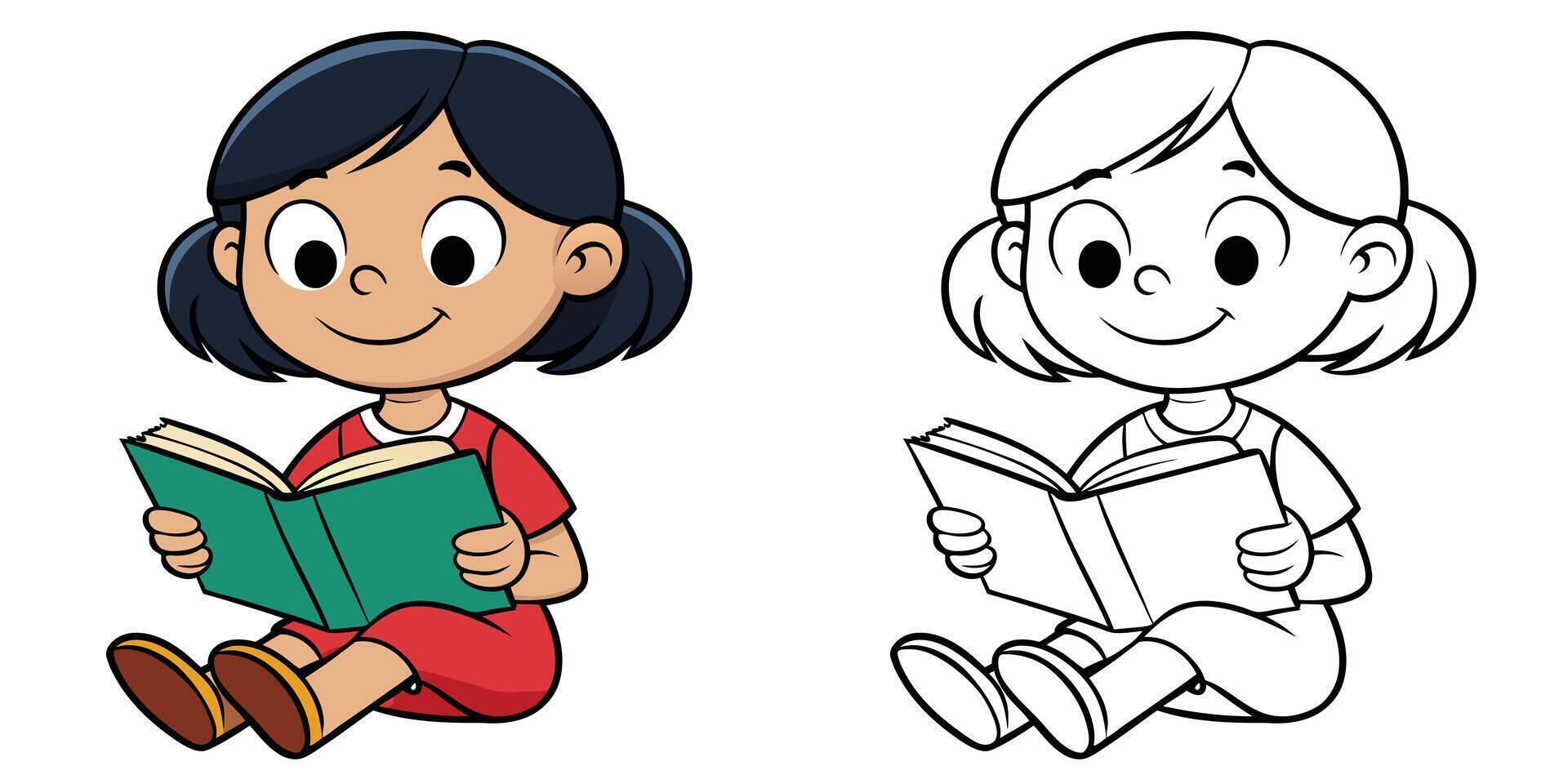Cute Little Girl Reading A Book Cartoon Outline Illustration. Coloring Page For Kids Printable vector