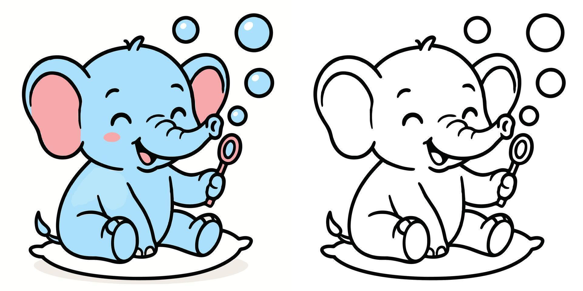 Coloring Book For Kids Cartoon Of A baby elephant playing with bubbles Outline Illustration Design vector