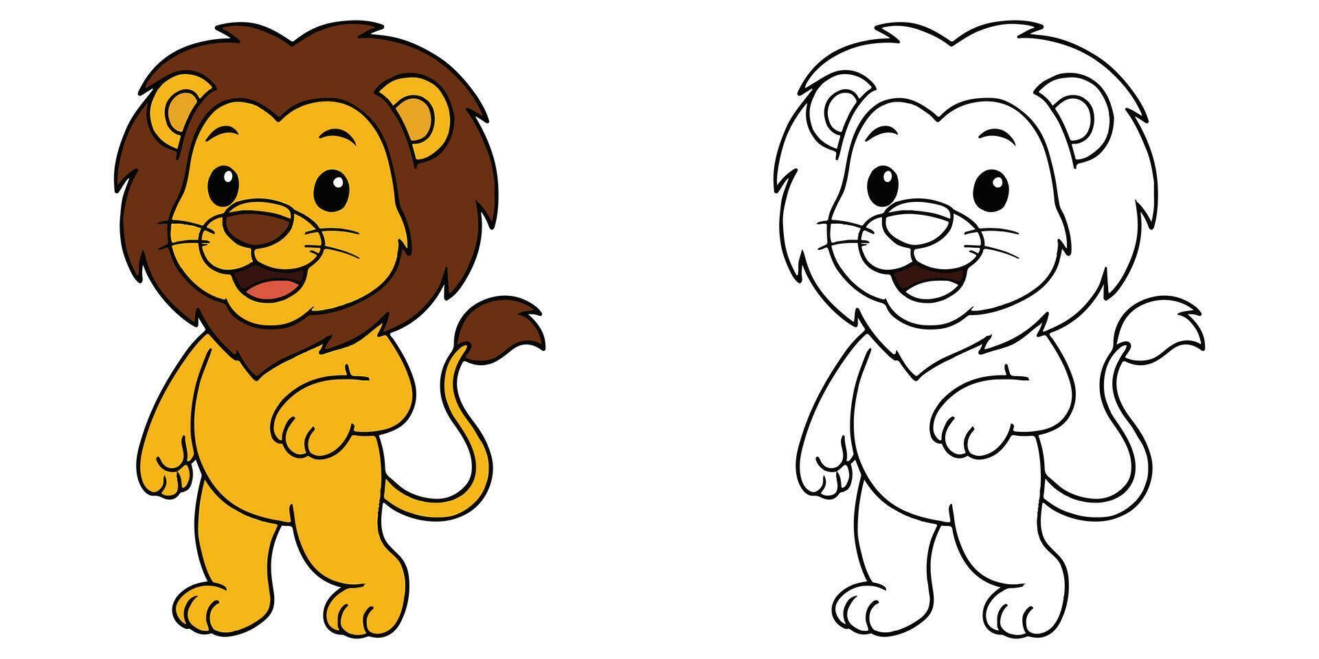 Coloring Book For Kids Cartoon Of A cute lion standing on two legs Outline Illustration vector
