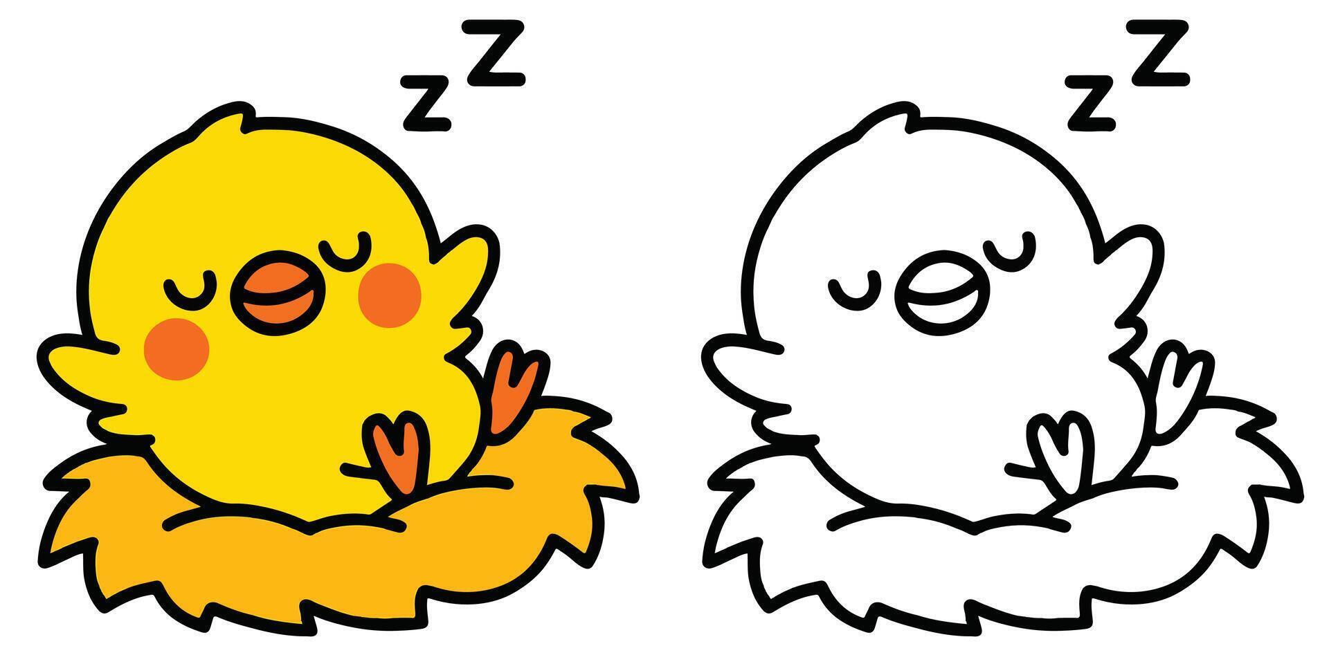 Coloring Book For Kids Cartoon A happy little chick napping in a straw nest Outline Illustration vector