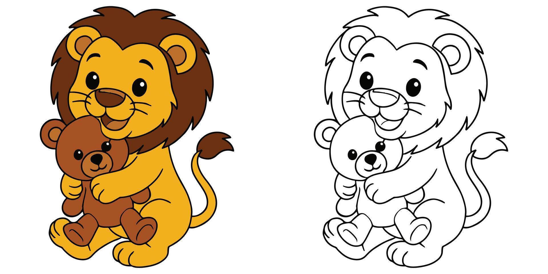 Coloring Page For Kids Cartoon Of A lion cub hugging a teddy bear Outline Illustration vector