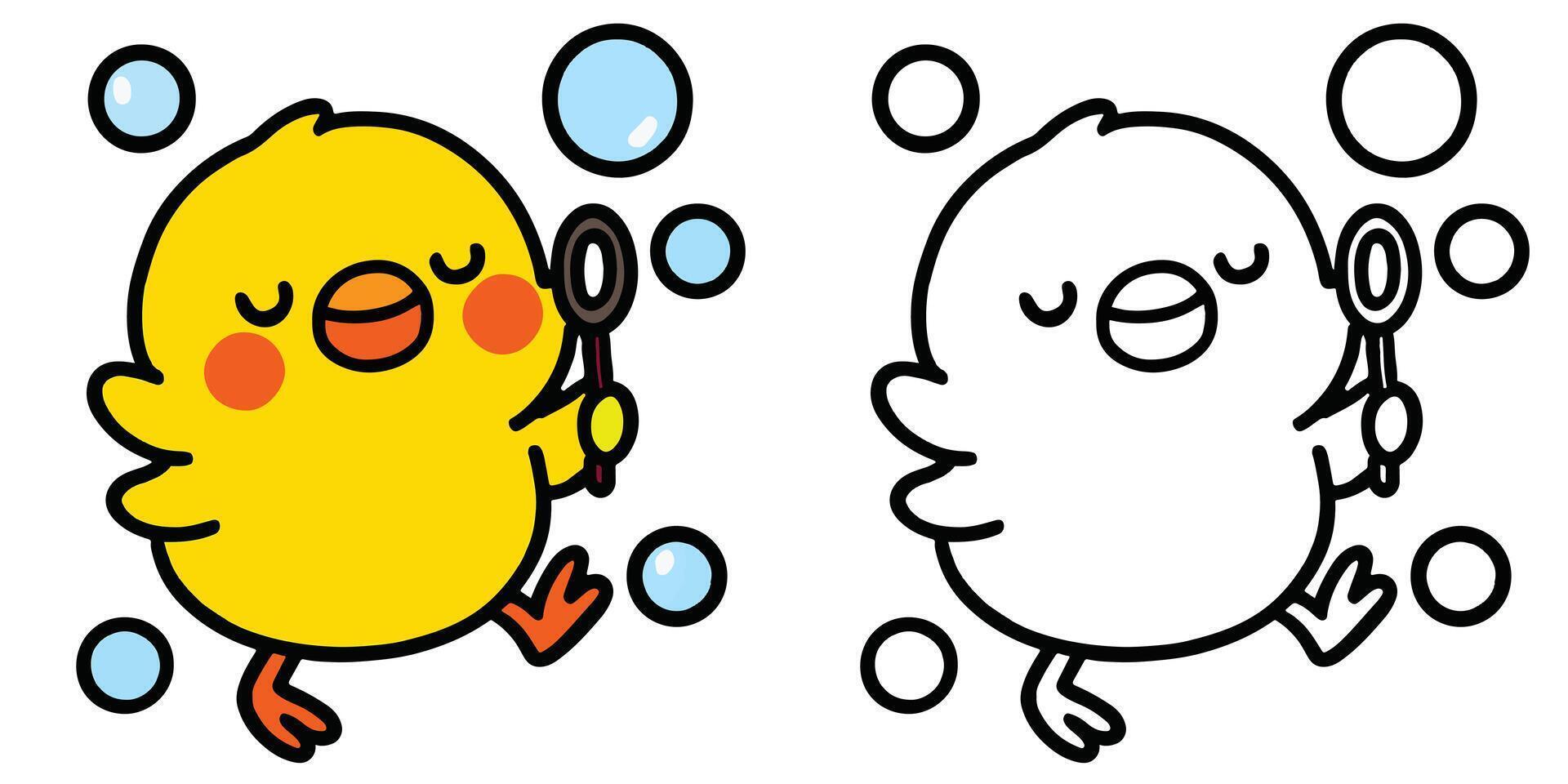 Coloring Page For Kids Cartoon A happy little chick playing with bubbles Outline Illustration vector