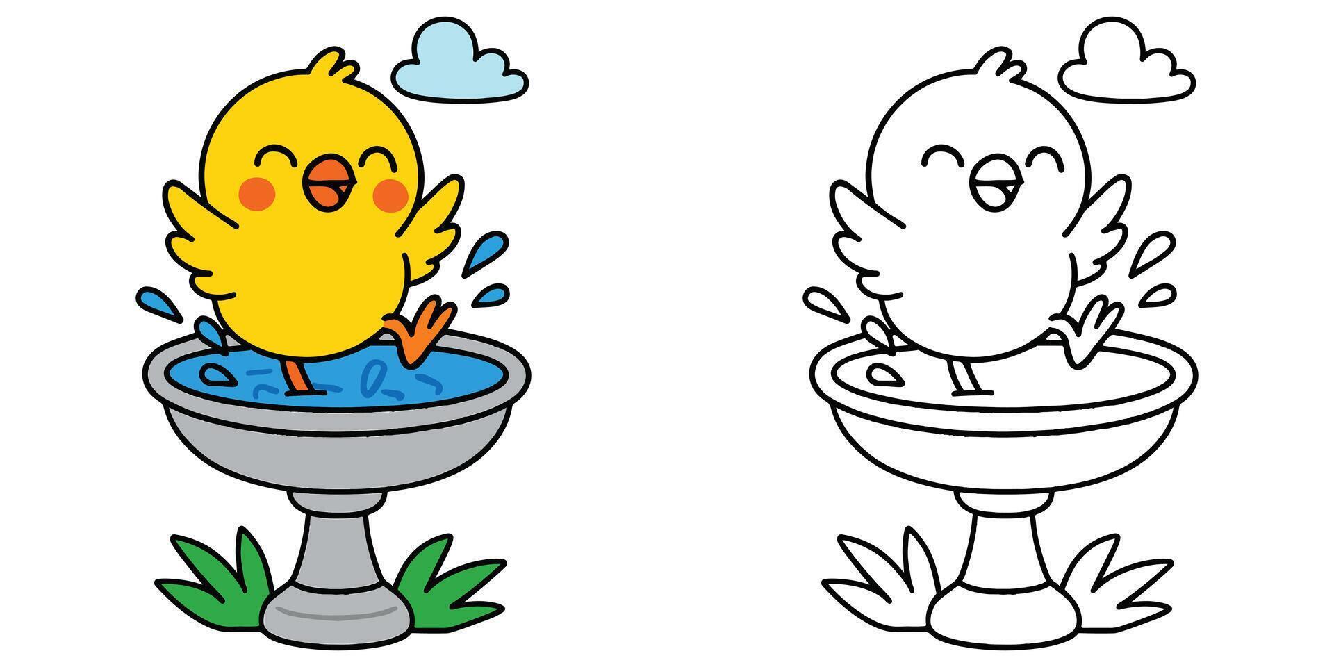 Coloring Book For Kids Cartoon A happy little chick splashing in a birdbath Outline Illustration vector