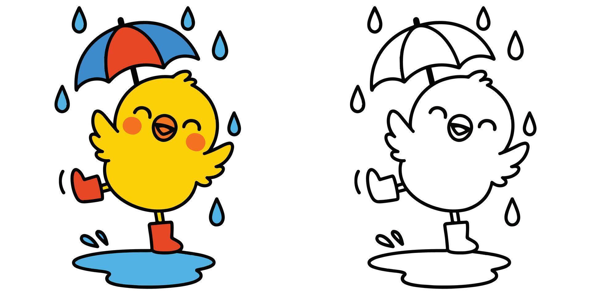 Coloring Book For Kids Cartoon A happy little chick dancing in the rain Outline Illustration vector