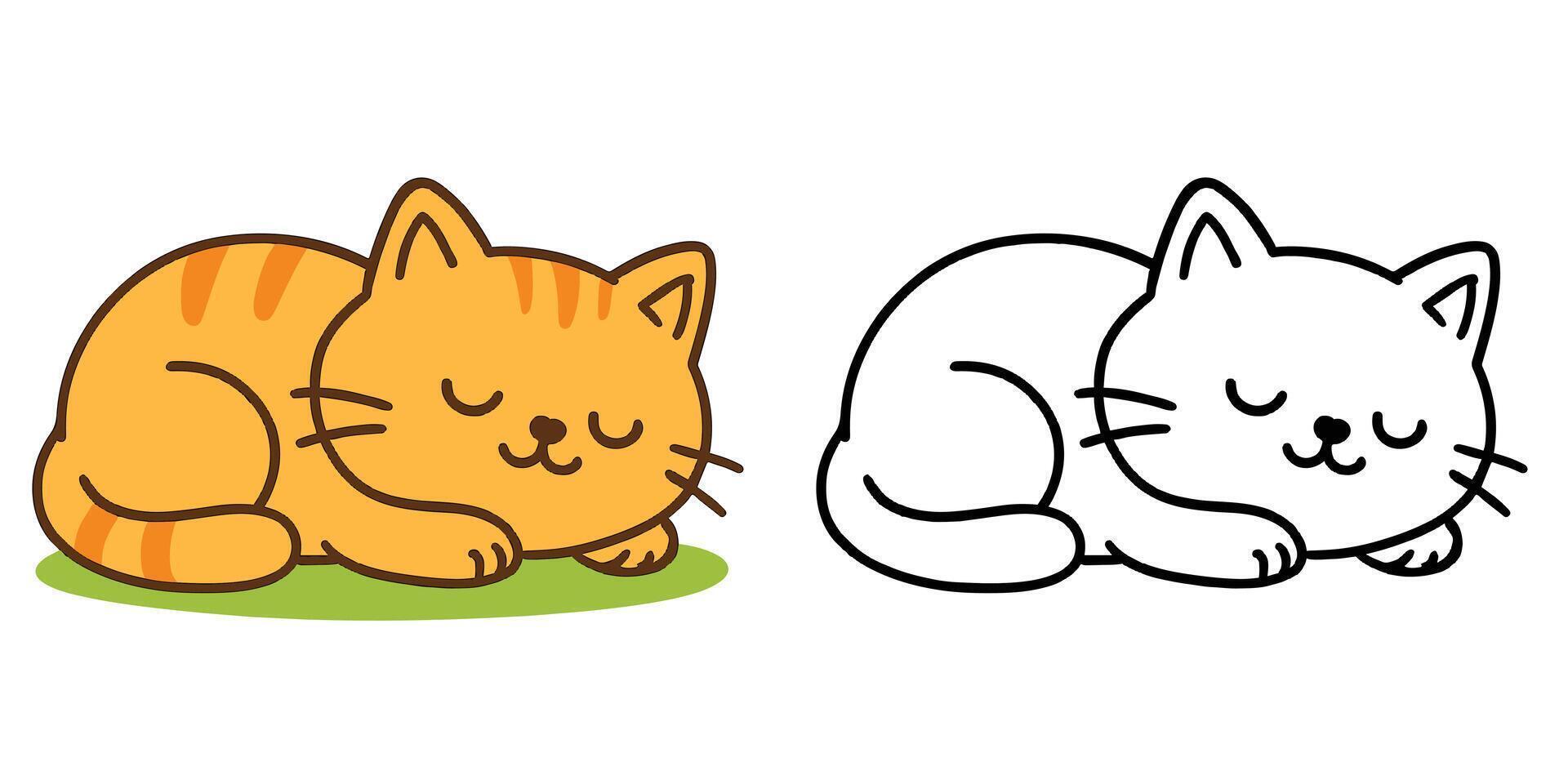 Coloring Book For Kids Cute Cartoon Sleeping kitten on grass Outline Illustration vector