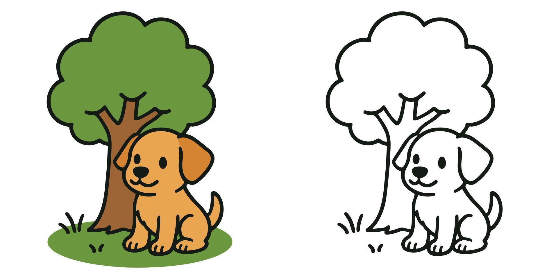 Coloring Book For Kids Cartoon Small dog under tree Outline Design vector