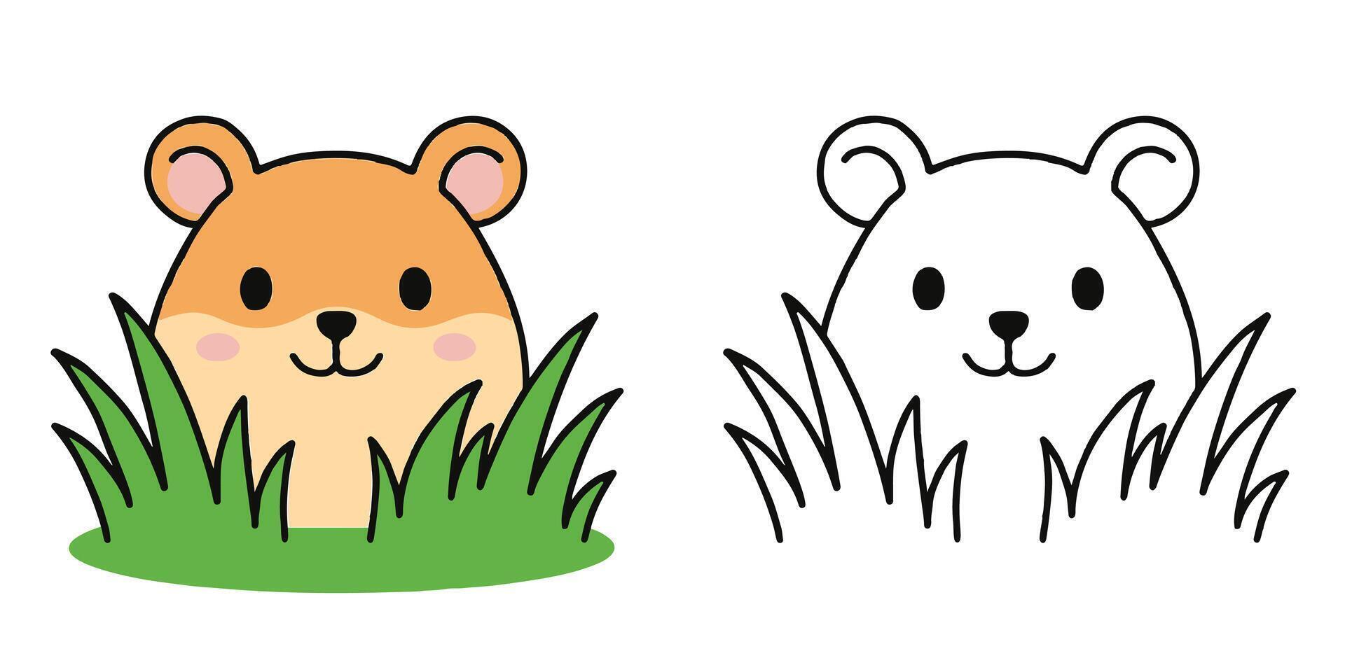 Coloring Book For Kids Cute hamster peeking out from tall grass Outline Illustration vector