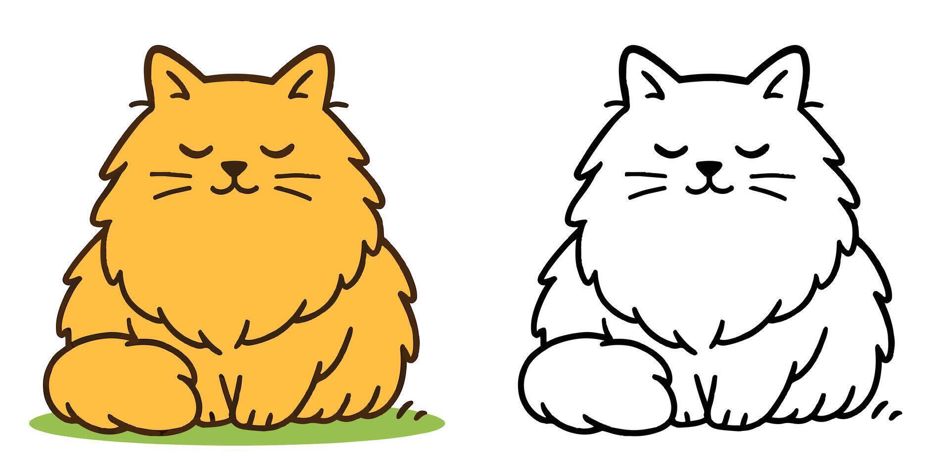 Coloring Book For Kids Cute Cartoon Fluffy cat on grass Outline Illustration vector