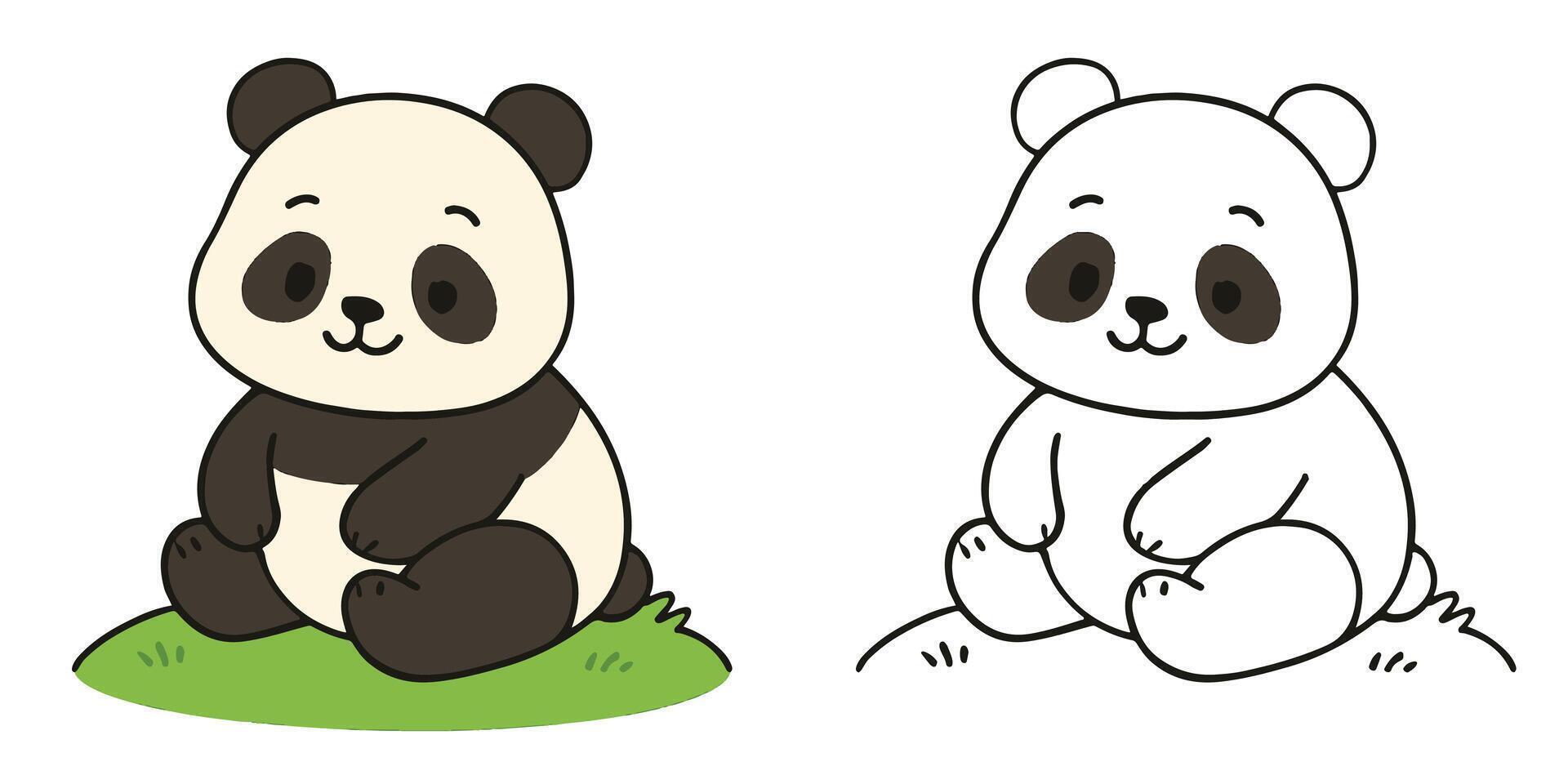 Coloring Book For Kids Cartoon Of Chubby panda resting on a grassy hill Outline Illustration vector
