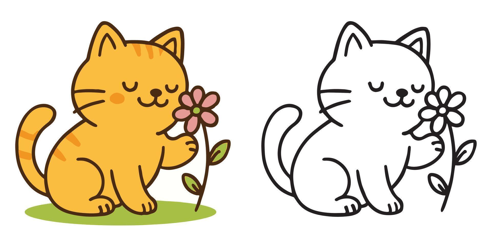 Coloring Book For Kids Cute Cartoon Happy cat sniffing flower Outline Illustration vector